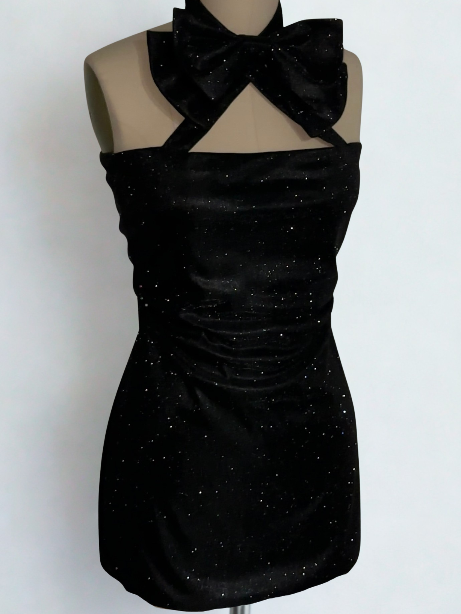 Black Glitter Tuxedo Mini Dress – Chic Party Dress with Double Bow Detail