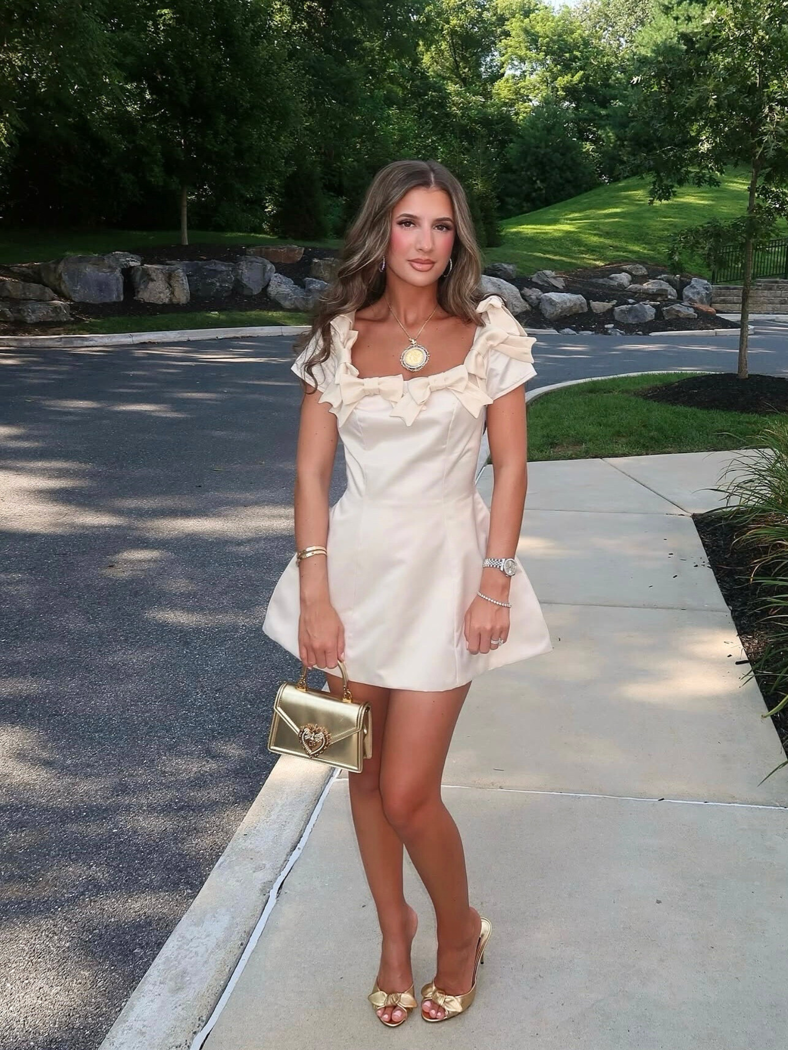 Champagne Satin Bow Mini Dress - Feminine Party Dress