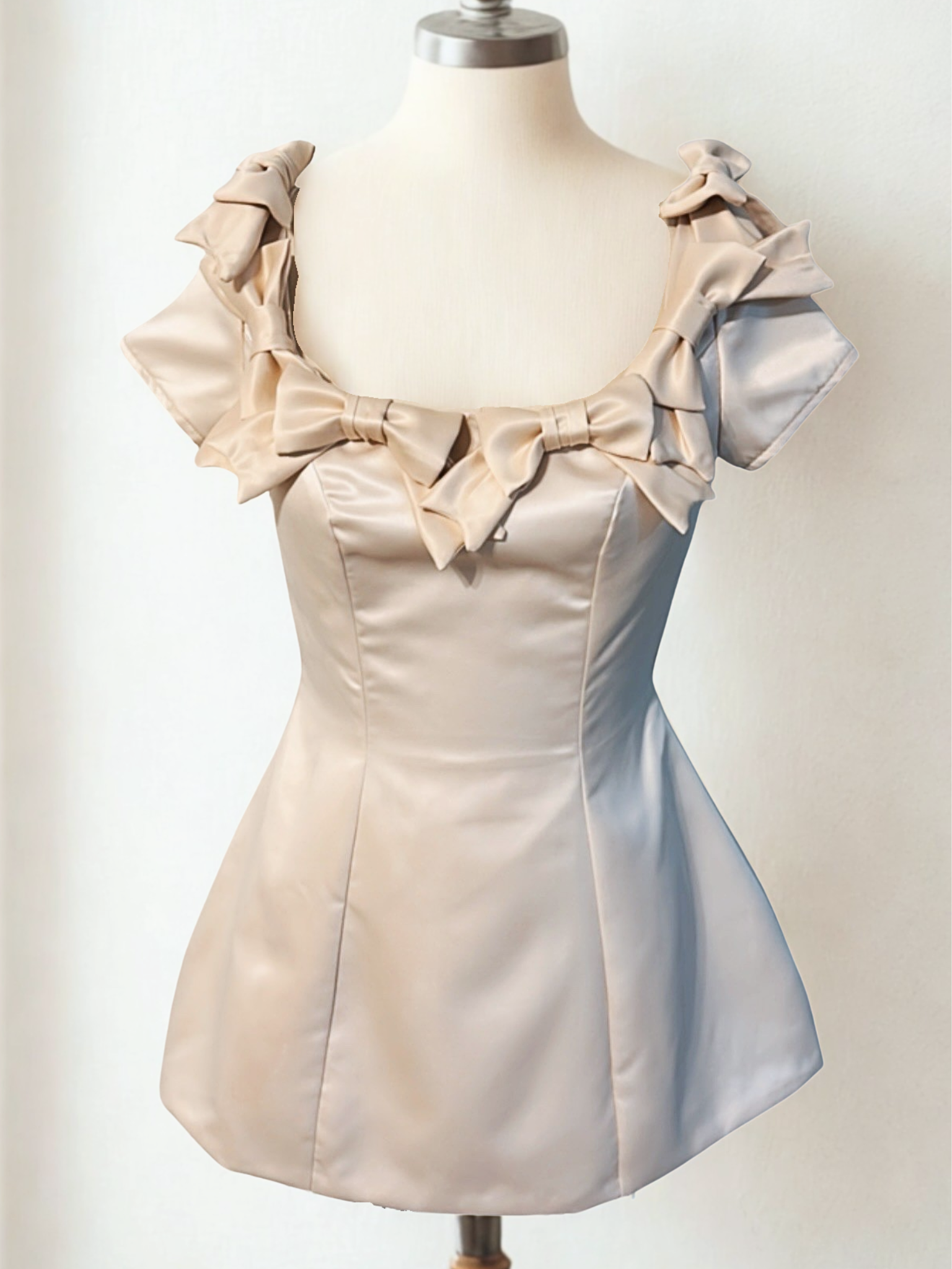 Champagne Satin Bow Mini Dress - Feminine Party Dress