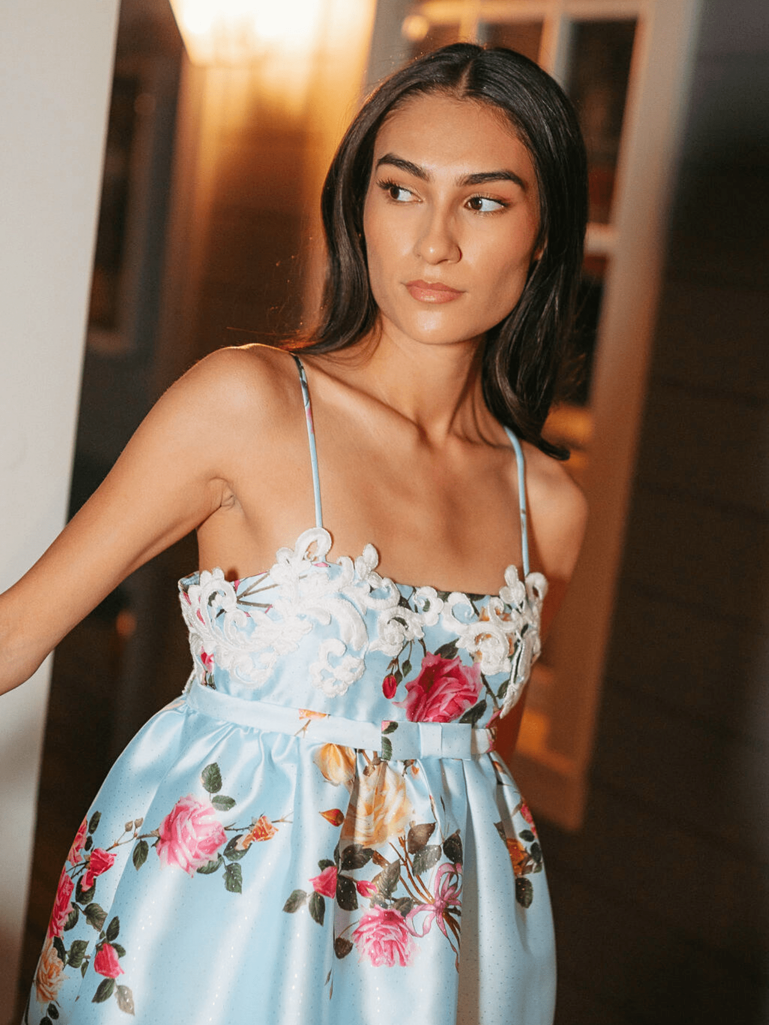 Baby Blue Floral Garden Babydoll Dress with Bow & Applique Detail - Silva Collection