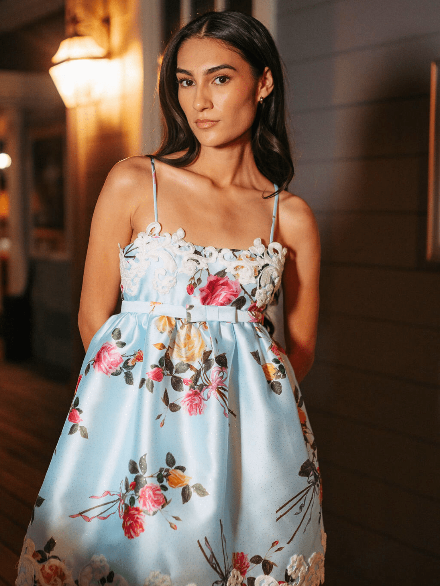 Baby Blue Floral Garden Babydoll Dress with Bow & Applique Detail - Silva Collection