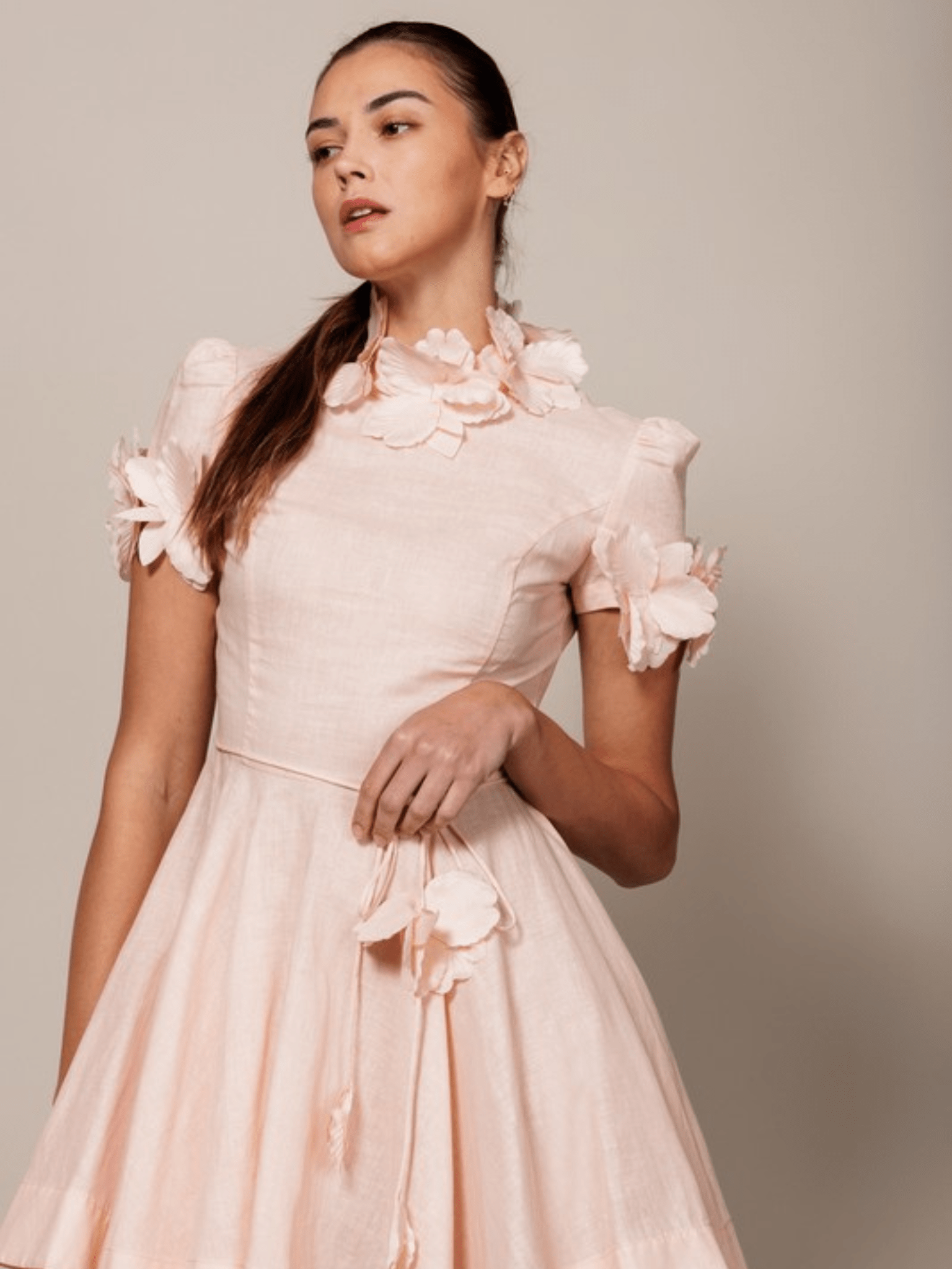 Pink Floral Trim High Neck Short Sleeve Shift Dress - Silva Collection