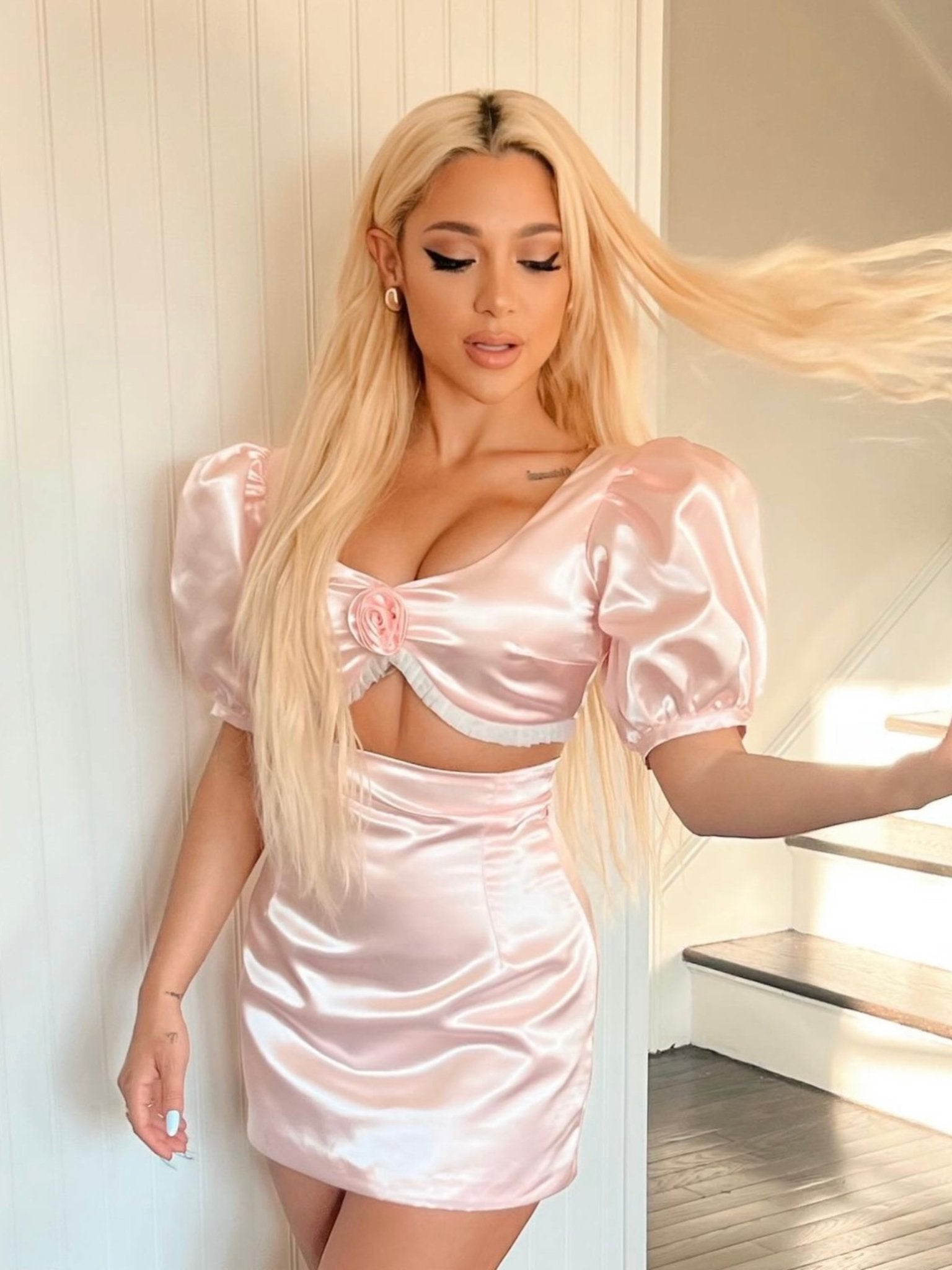 Pink Puff Sleeve Crop Top with Ruffles and Rosette Detail - Silva