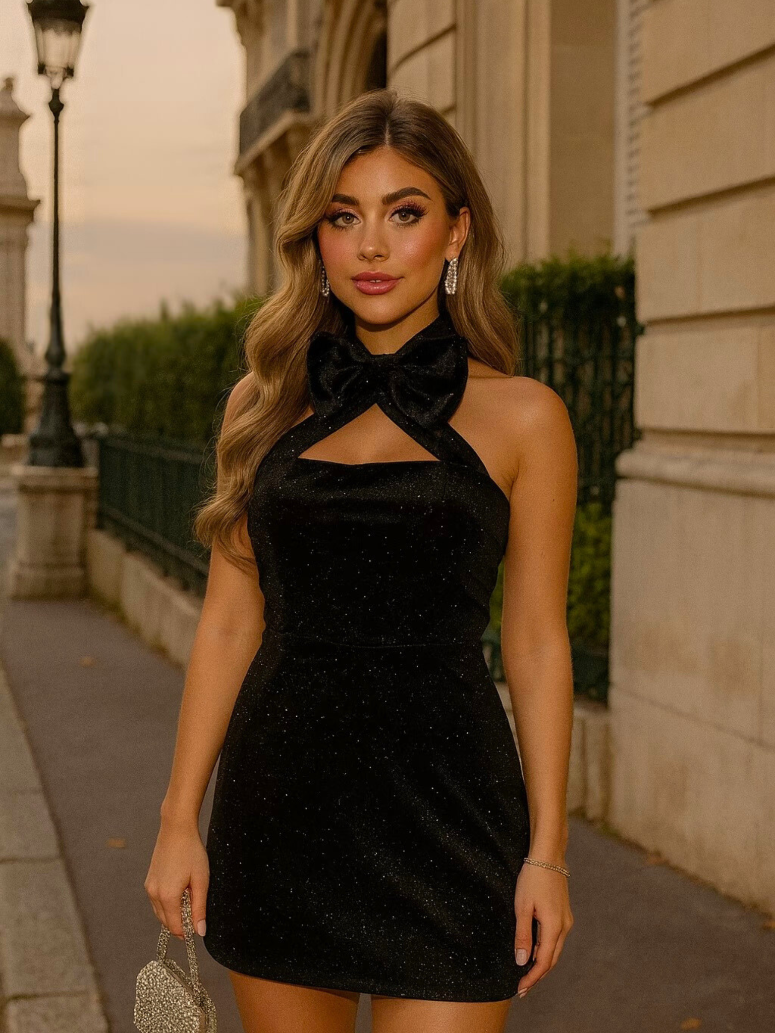 Black Glitter Tuxedo Mini Dress – Chic Party Dress with Double Bow Detail