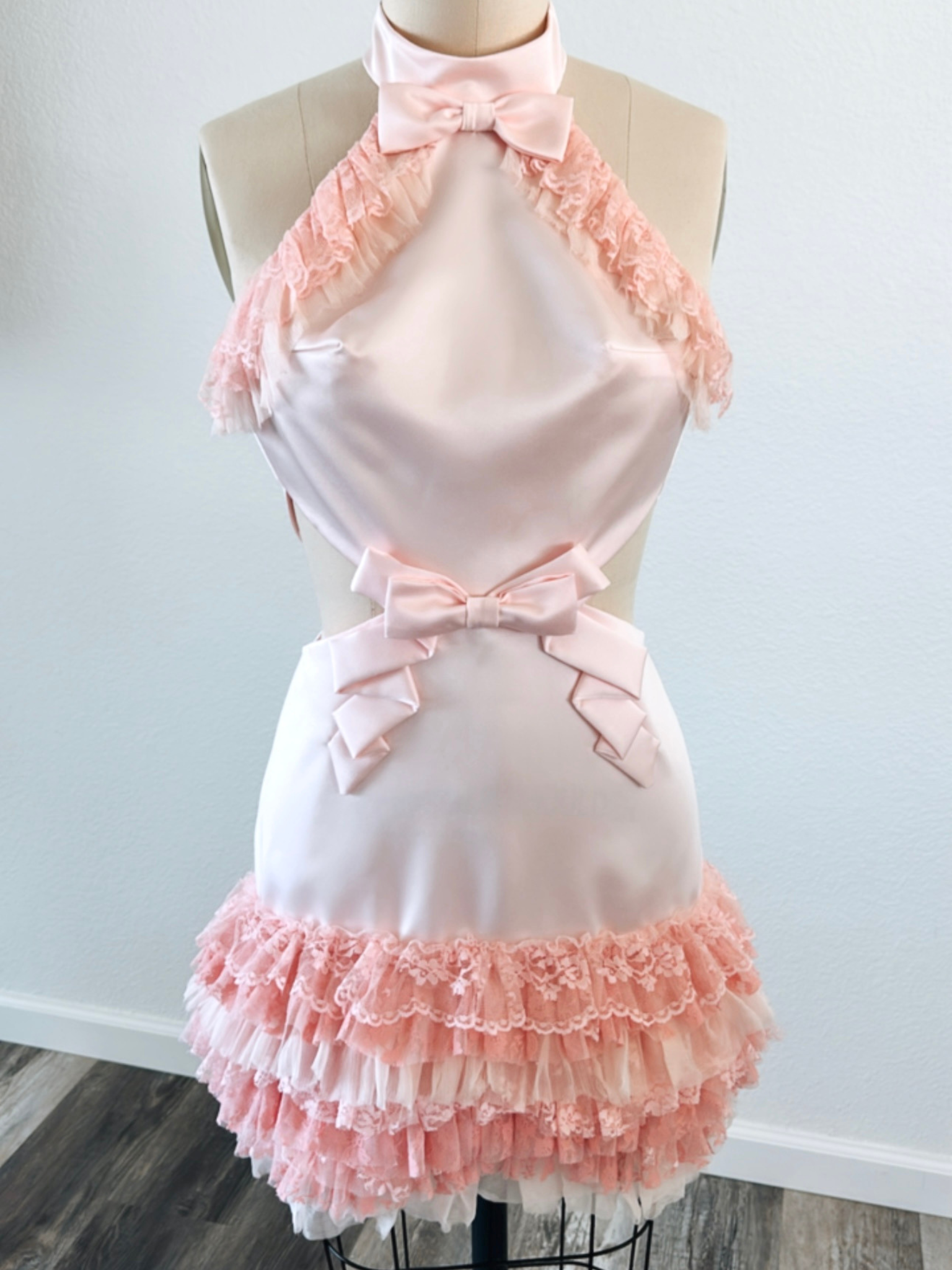 [MADE TO ORDER] Baby Pink Lace Ruffle Cutout Bow Dress - Girly Party Dress