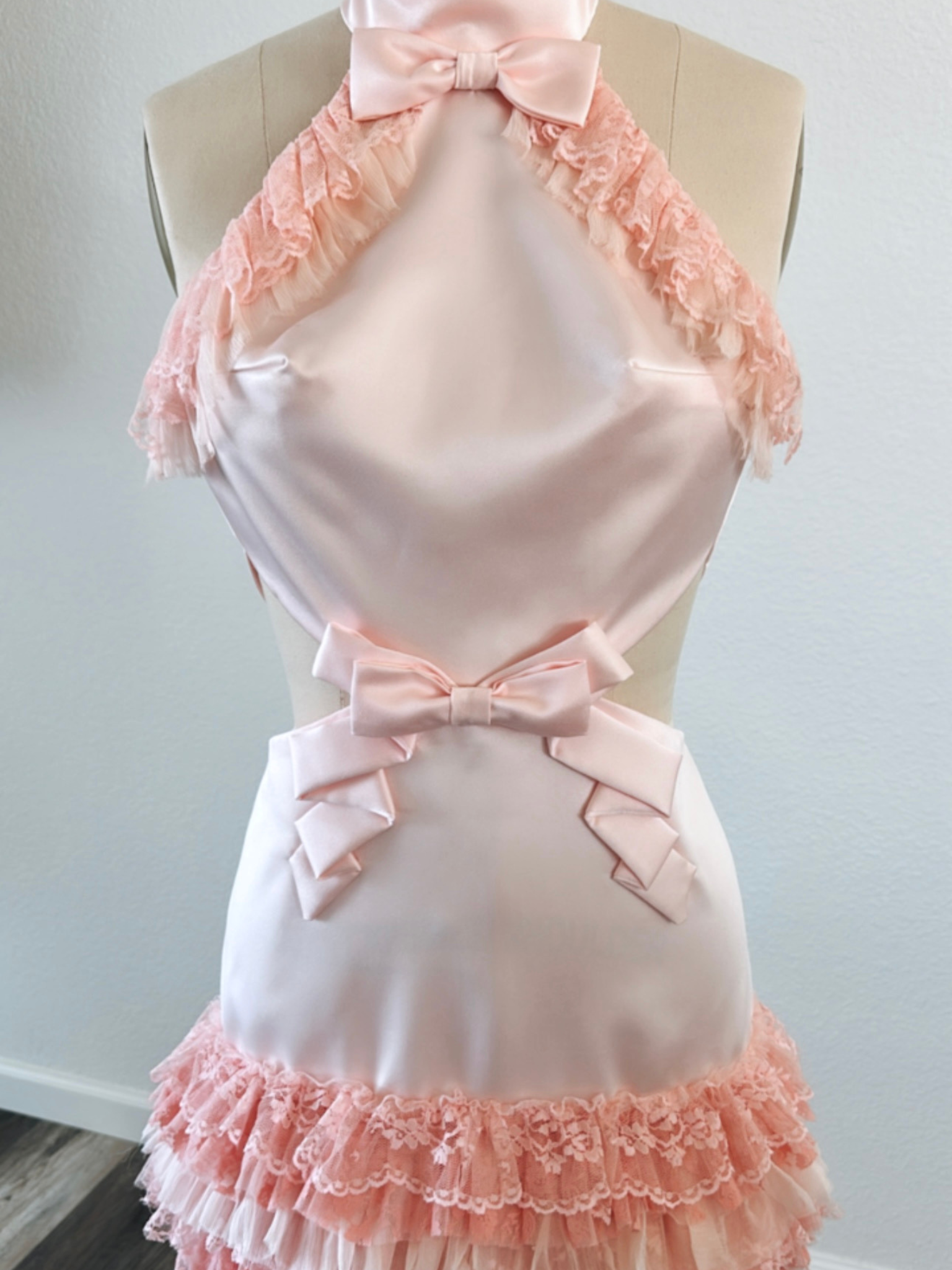 [MADE TO ORDER] Baby Pink Lace Ruffle Cutout Bow Dress - Girly Party Dress