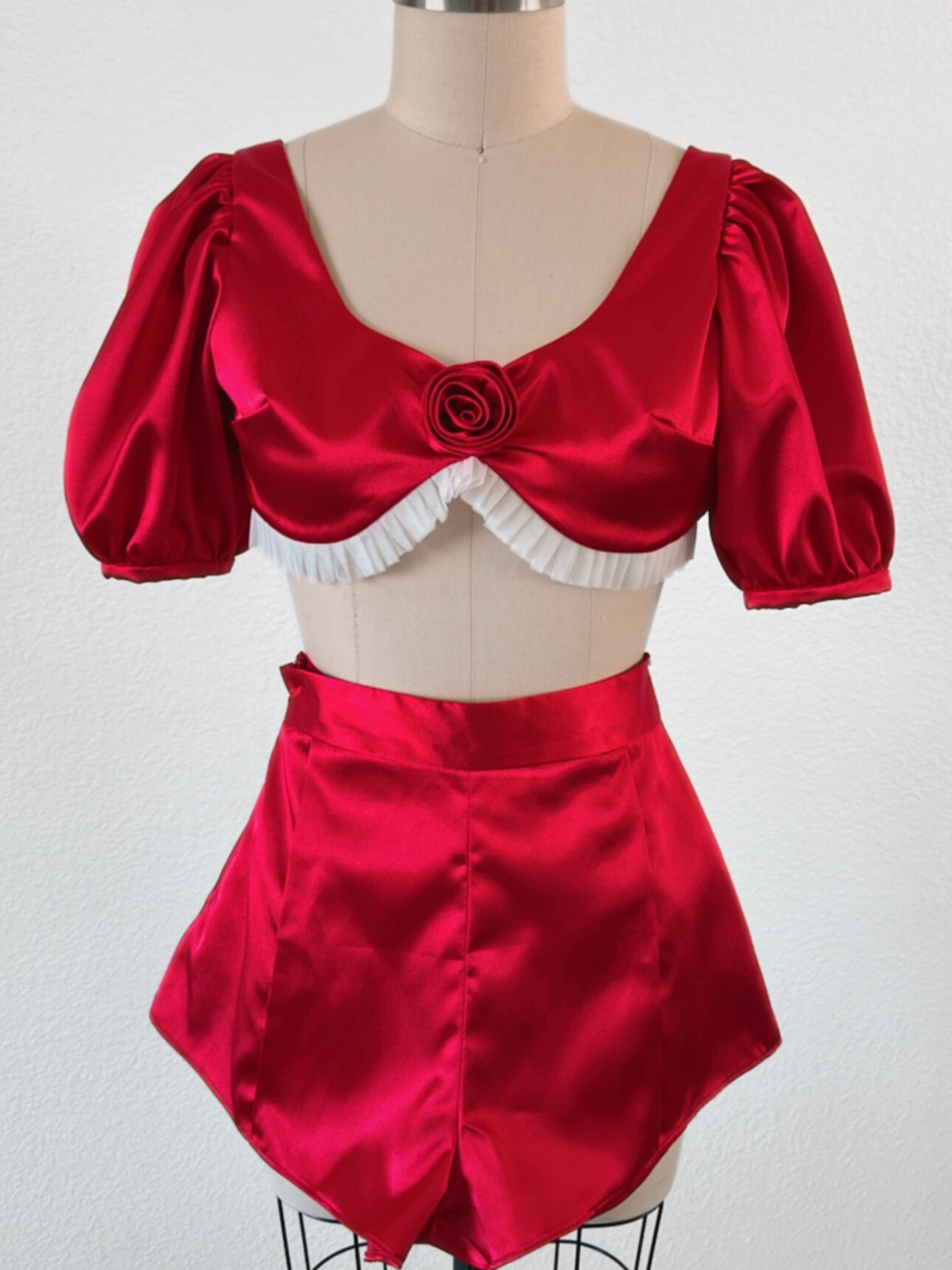 [MADE TO ORDER - TOP ONLY] Red Satin Puff Sleeve Crop Top – Rosette Party Top