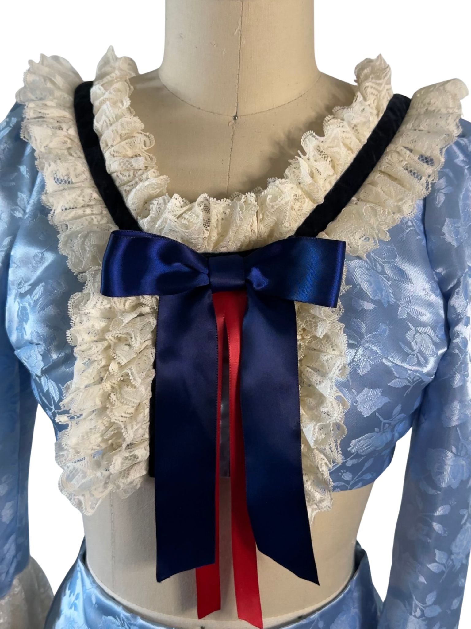 [TOP ONLY] London Flirt Baby Blue Floral Jacquard Top with Lace & Velvet Trim