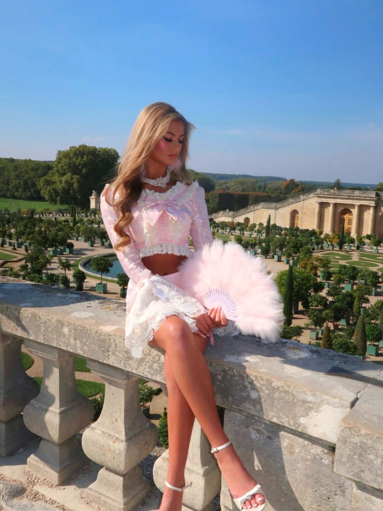 [TOP ONLY] Her Majesty Rose Gold Satin Blouse with Lace Sleeves & Trim