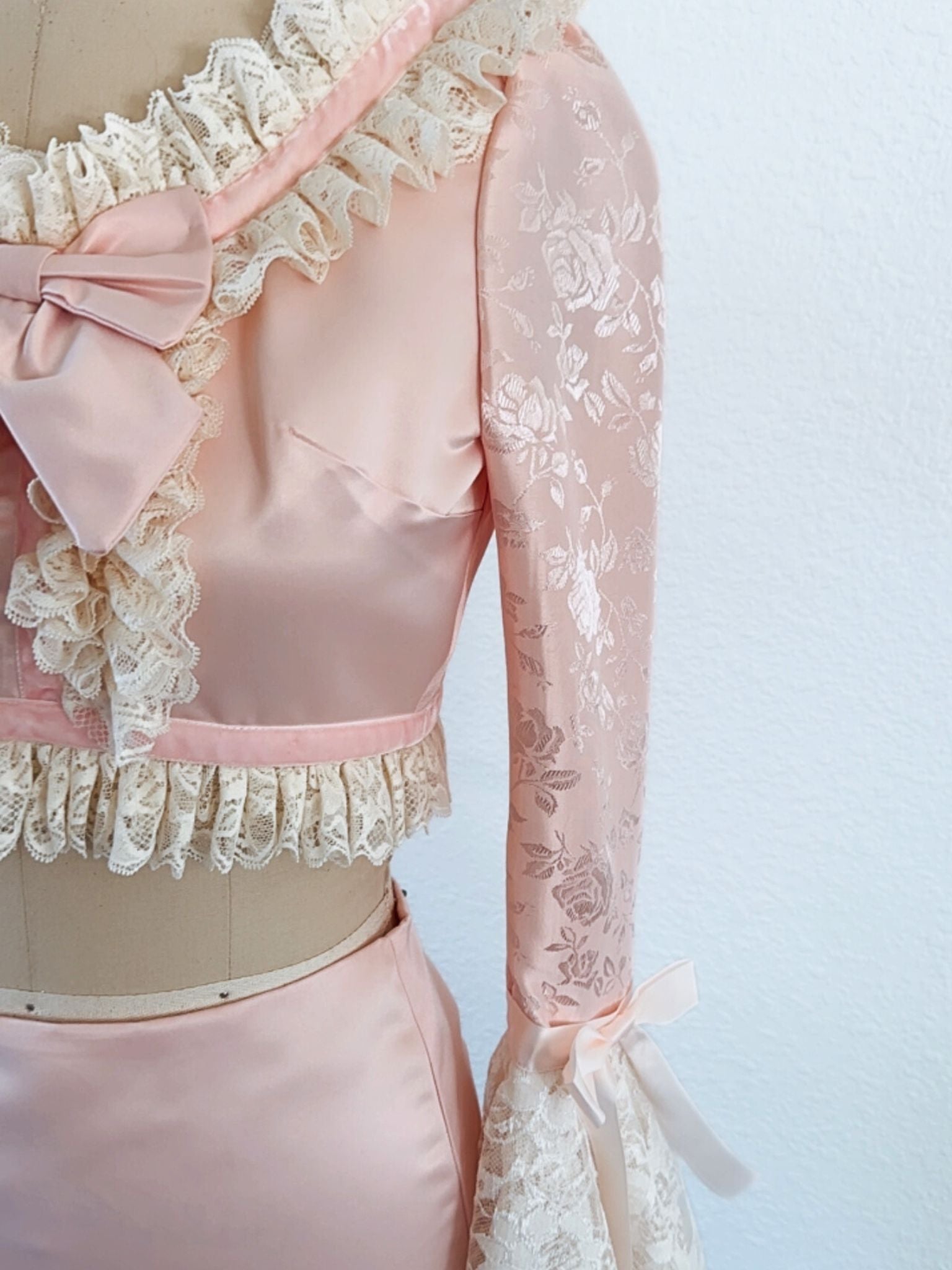 [TOP ONLY] Her Majesty Rose Gold Satin Blouse with Lace Sleeves & Trim