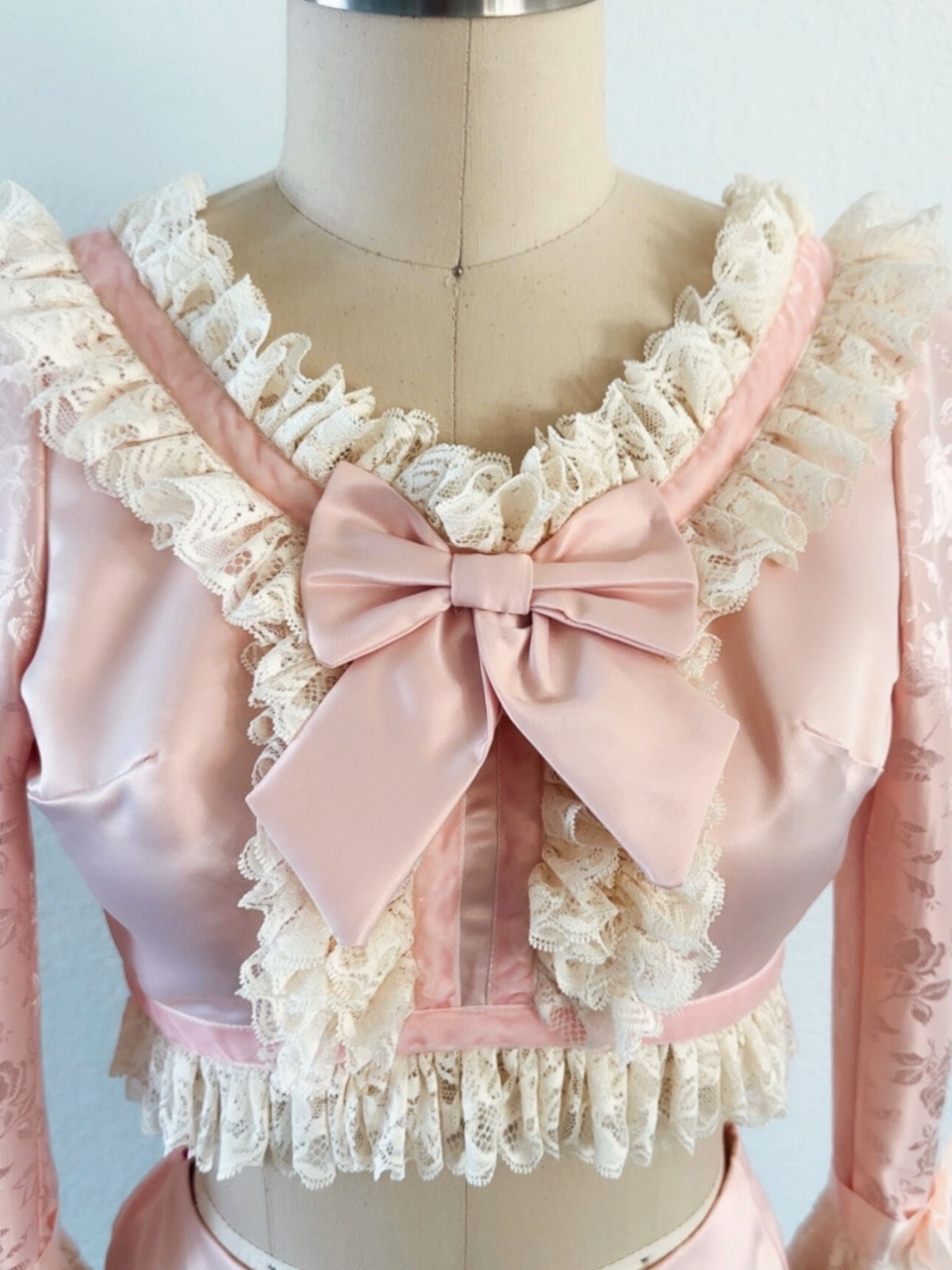 [TOP ONLY] Her Majesty Rose Gold Satin Blouse with Lace Sleeves & Trim