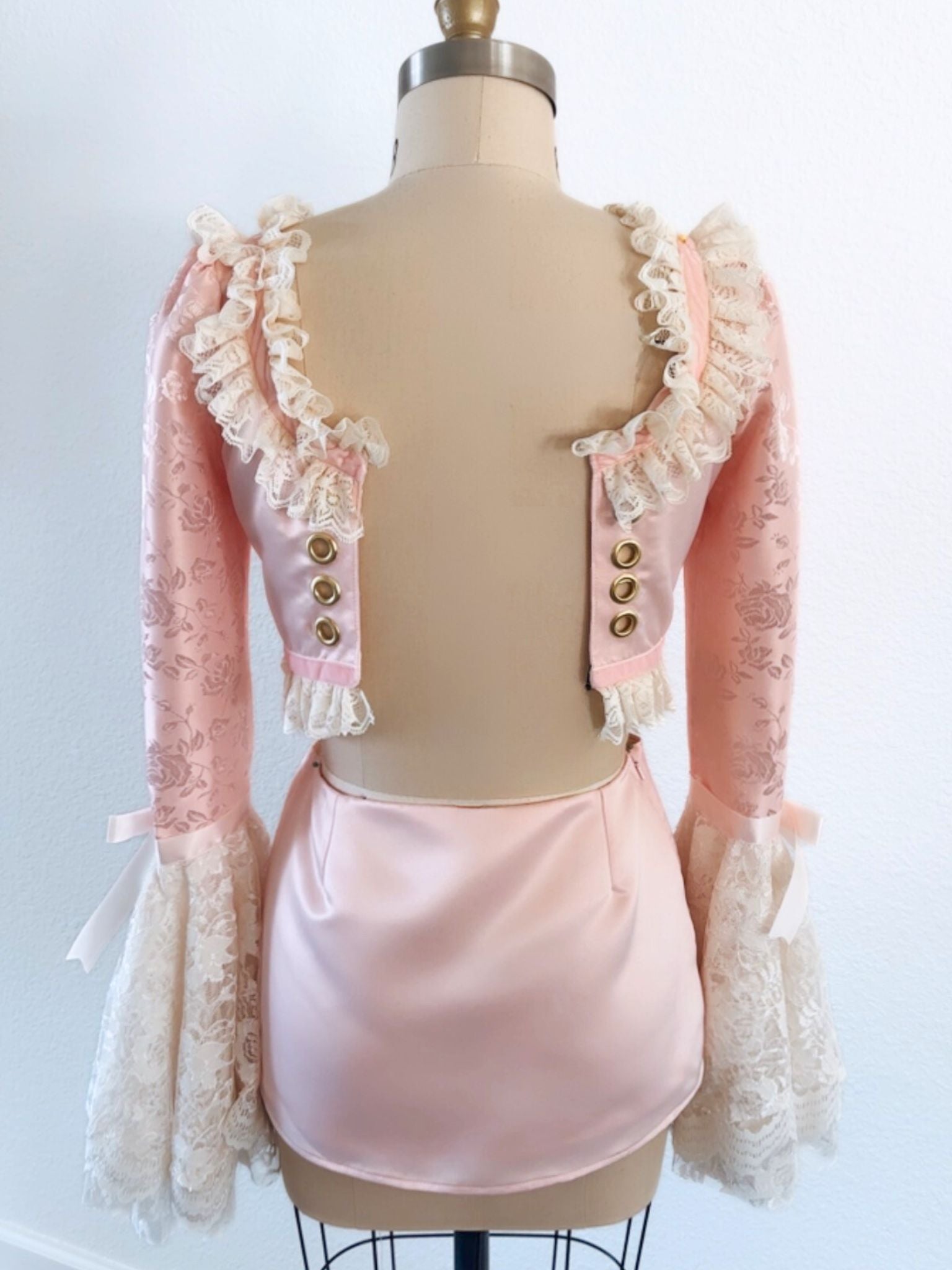[TOP ONLY] Her Majesty Rose Gold Satin Blouse with Lace Sleeves & Trim