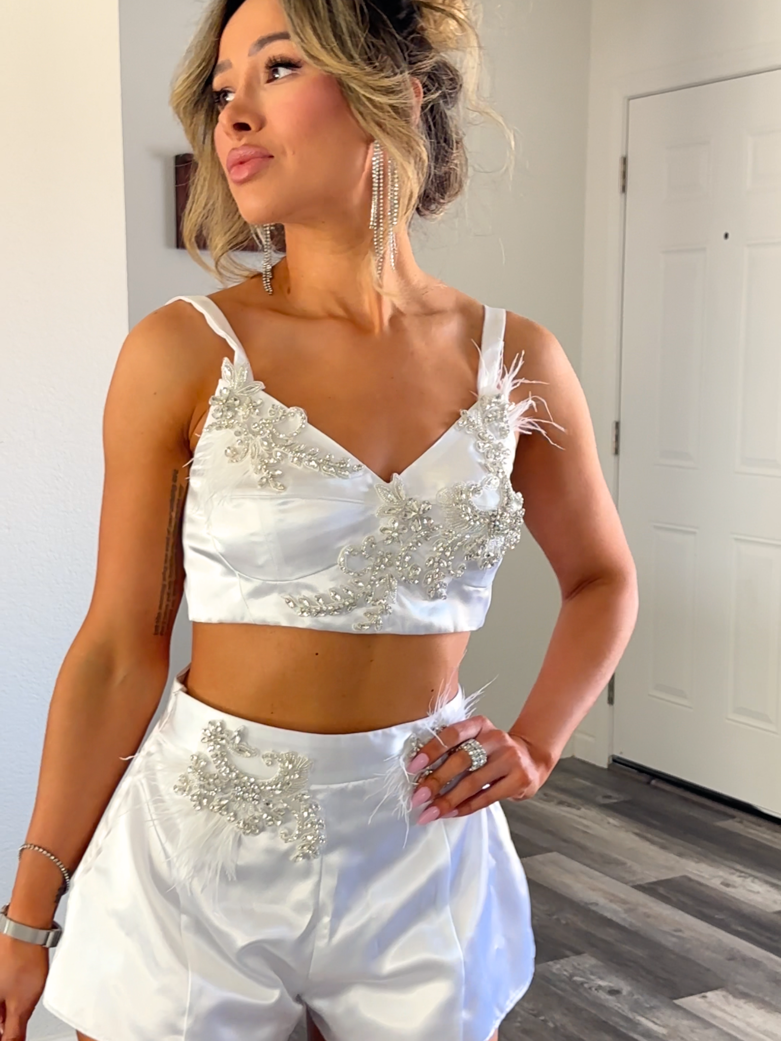[SHORTS ONLY] Starlit Affair White Satin Rhinestone Embellished Shorts