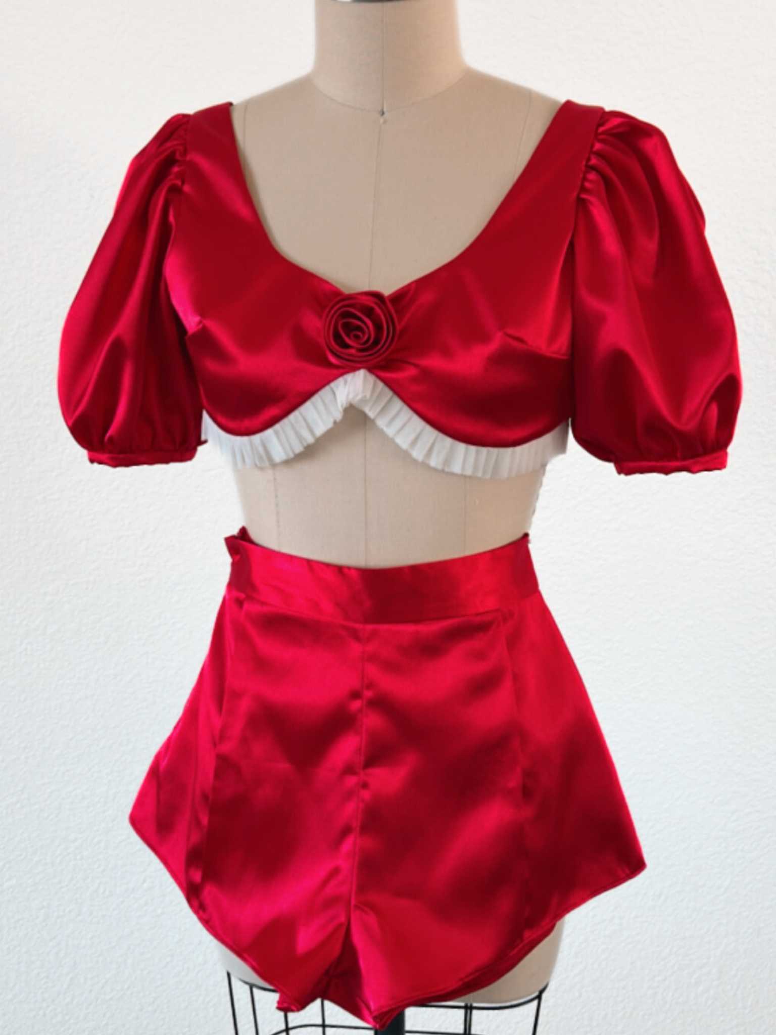 [MADE TO ORDER - TOP ONLY] Red Satin Puff Sleeve Crop Top – Rosette Party Top