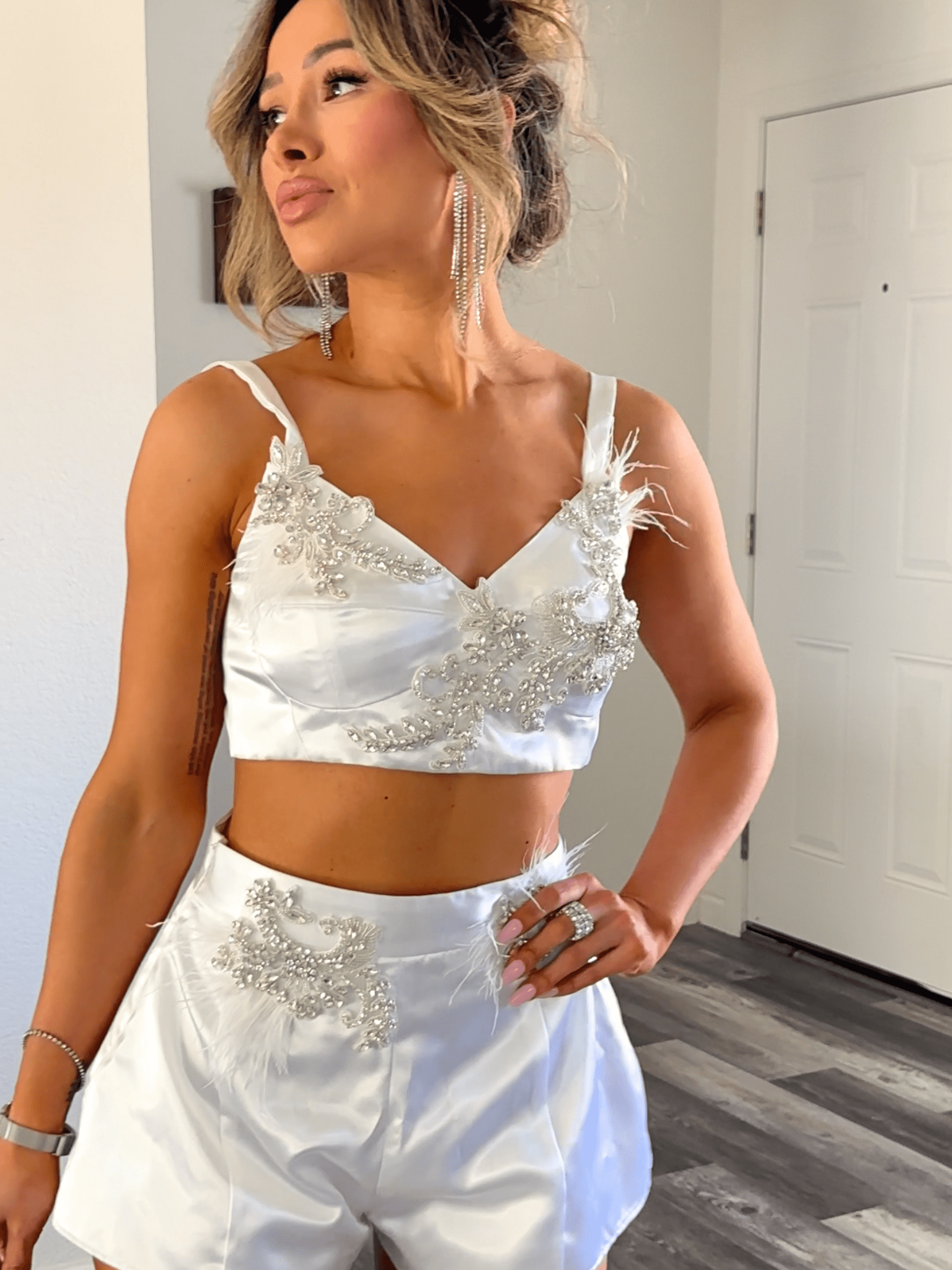 [SHORTS ONLY] Starlit Affair White Satin Rhinestone Embellished Shorts - Silva Collection