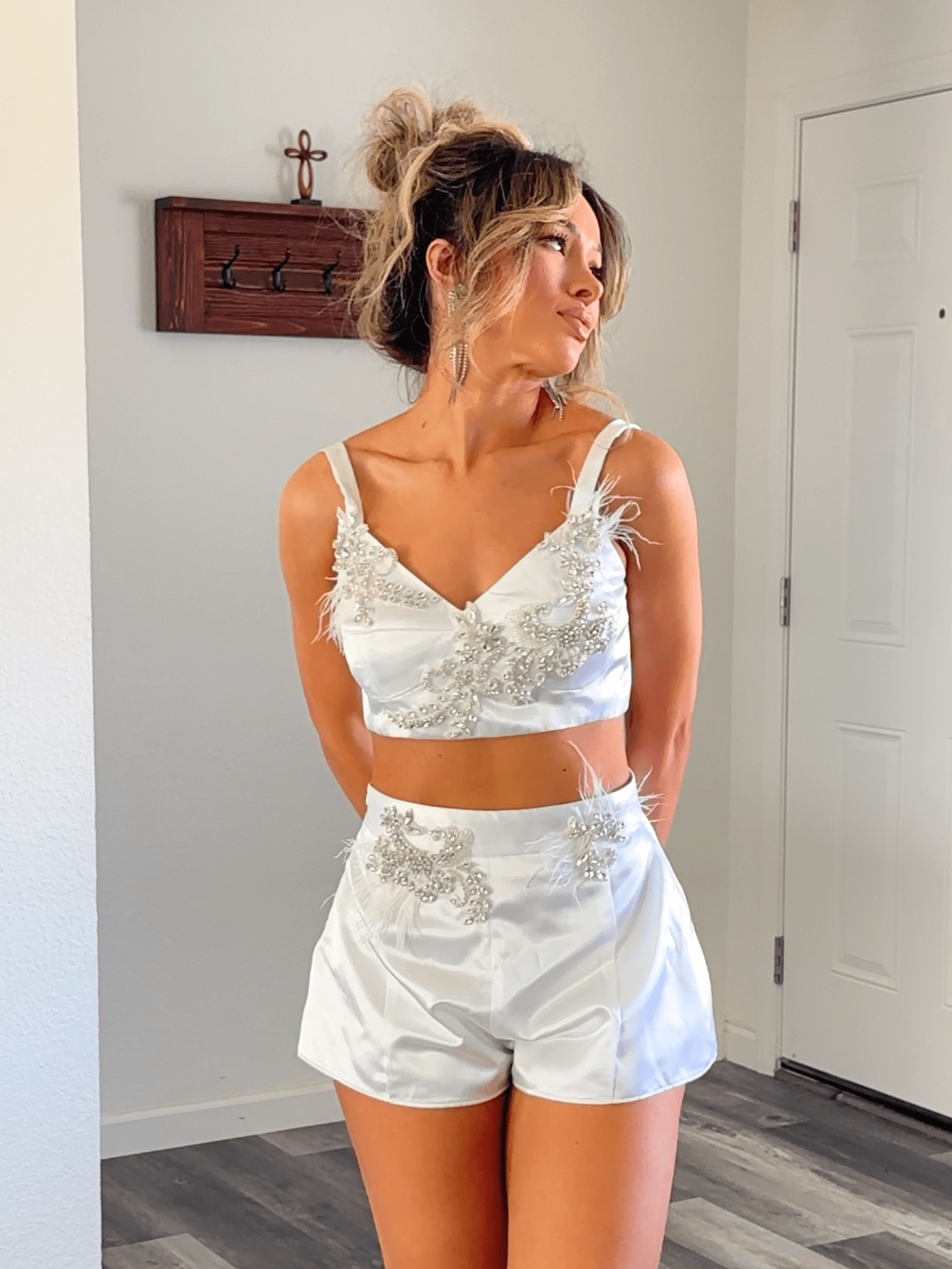 [SHORTS ONLY] Starlit Affair White Satin Rhinestone Embellished Shorts - Silva Collection